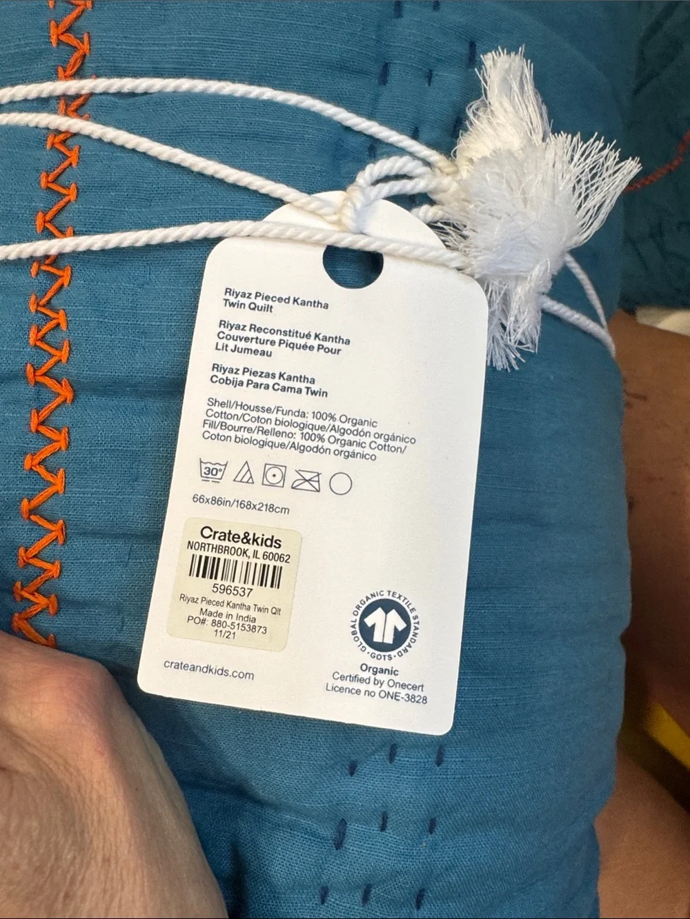 Crate and Barrel Kids blue with Orange Stitching twin quilt & John robshaw